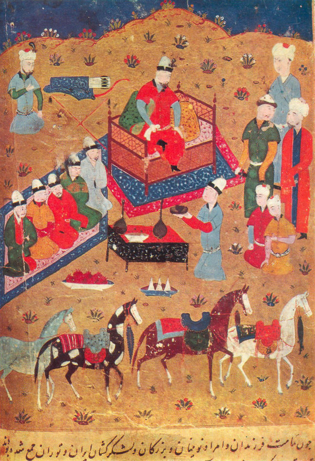 GENGIS KHAN RECEIVES HIS SONS ON THE BANK OF THE SYR-DARYA, Masud ibn Osman-i Kukhhtani. History of Abul-Khair-Khan