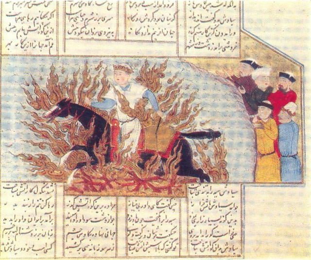 SIYAVUSH  JUMPING ACROSS THE FIRE, Firdawsi. Shah-nama