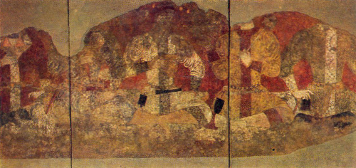 FEAST OF FEUDAL LORDS. Mural painting. The Black Hall. Penjikent. 7th-8th century