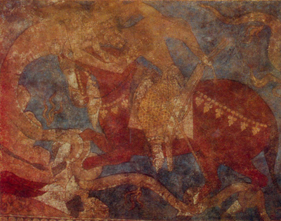 RUSTEMIADA. Fragment. Mural painting. Penjikent. 7th — 8th century
